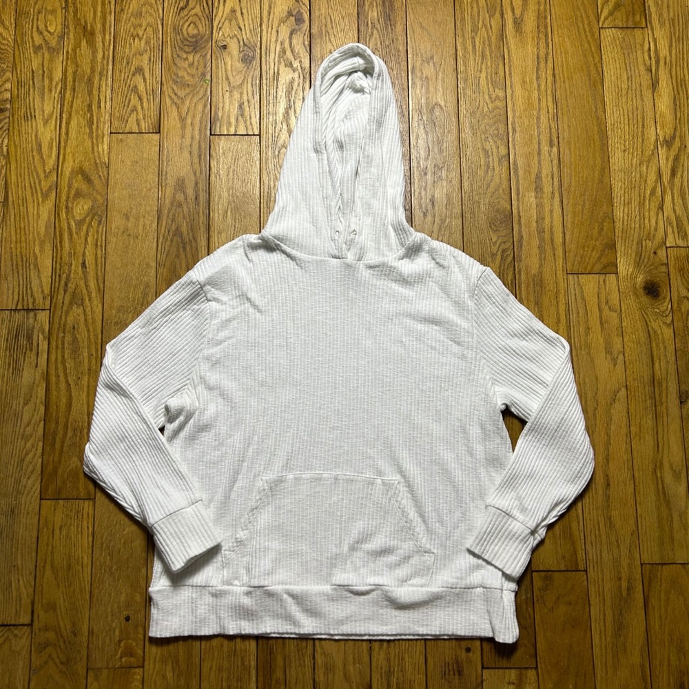 Ava & Viv White Ribbed Knit Hoodie Pullover Kangaroo Pocket Womens Size X